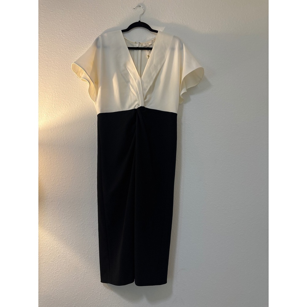 Ted Baker London Colorblock V-Neck Twist Front Midi Dress Cream Black Size 4